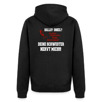 Hallo Onkel - Deine Schwester nervt mich! weiss - Unisex Premium Bio Zip Hoodie - Schwarz - Hinten - Nico (187cm)