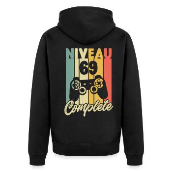 Niveau 69 complete, Cadeau Anniversaire 69 ans - Veste à capuche bio Premium Unisexe - noir - Dos - Nico (187cm)