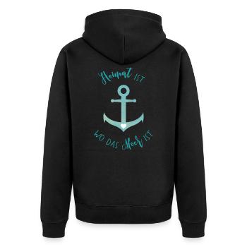 "Heimat ist wo das Meer ist" - Unisex Premium Bio Zip Hoodie - Schwarz - Hinten - Nico (187cm)