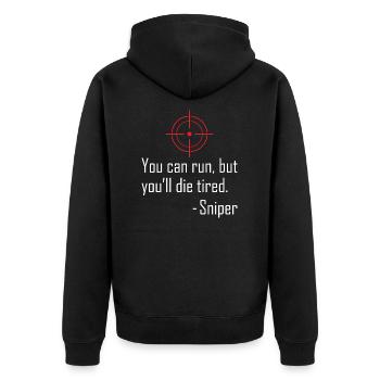 You Can Run But You Ll Die Tired Sniper - Unisex Premium Bio Zip Hoodie - Schwarz - Hinten - Nico (187cm)