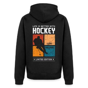 Life is better with Hockey - Unisex Premium Bio Zip Hoodie - Schwarz - Hinten - Nico (187cm)
