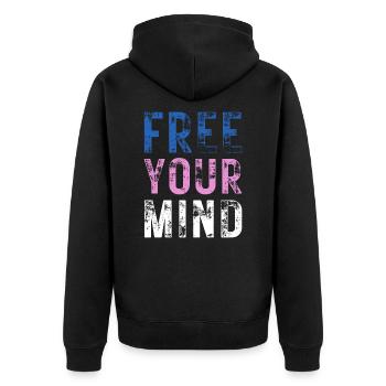FREE YOUR MIND – Color Blue, Pink, White - Unisex Premium Organic Zip Hoodie - black - Back - Nico (187cm)