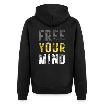 FREE YOUR MIND – colour grey, yellow, white - Unisex Premium Organic Zip Hoodie - black - Back - Nico (187cm)