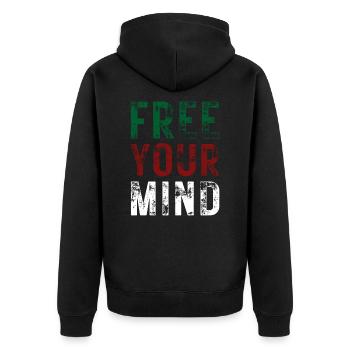 FREE YOUR MIND – color green, red, white - Unisex Premium Organic Zip Hoodie - black - Back - Nico (187cm)