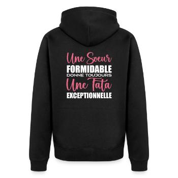 a formidable Sister gives Tata exceptional - Unisex Premium Organic Zip Hoodie - black - Back - Nico (187cm)