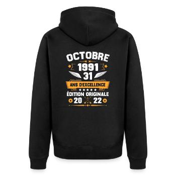 Octobre 1991 Idée cadeau d'anniversaire 31 ans - Veste à capuche bio Premium Unisexe - noir - Dos - Nico (187cm)