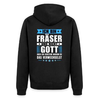 Ich bin Fräser und nicht Gott - Unisex Premium Bio Zip Hoodie - Schwarz - Hinten - Nico (187cm)