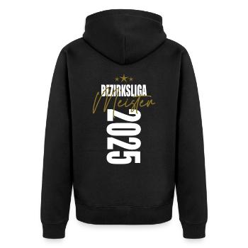 Meister Bezirksliga 2025 Aufstiegstrikot - Unisex Premium Bio Zip Hoodie - Schwarz - Hinten - Nico (187cm)