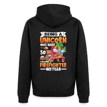 Being A Unicorn Was Hard So I Become A Firefigther - Unisex Premium Bio Zip Hoodie - Schwarz - Hinten - Nico (187cm)