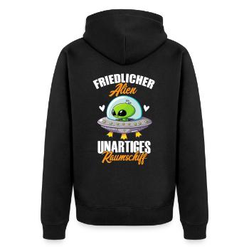 Friedlicher Alien Unartiges Raumschiff, Humor, Fun - Unisex Premium Bio Zip Hoodie - Schwarz - Hinten - Nico (187cm)