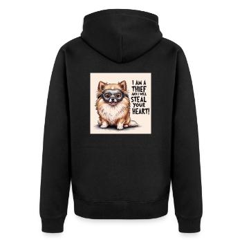 Pomeranian Dog "I am a thief" - Unisex Premium Organic Zip Hoodie - black - Back - Nico (187cm)