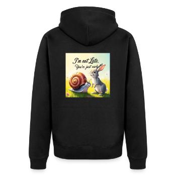 Un lapin et un escargot « tôt et tard » - Veste à capuche bio Premium Unisexe - noir - Dos - Nico (187cm)