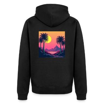 Lebendiger Retro-Sonnenuntergang im Stil der 80er Jahre - Unisex Premium Bio Zip Hoodie - Schwarz - Hinten - Nico (187cm)