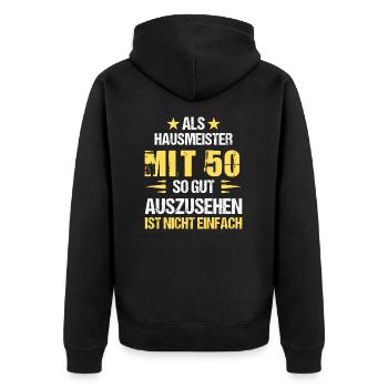 À 50 ans, beau concierge - Veste à capuche bio Premium Unisexe - noir - Dos - Nico (187cm)