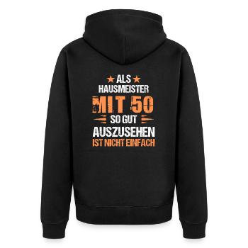 À 50 ans, beau concierge - Veste à capuche bio Premium Unisexe - noir - Dos - Nico (187cm)