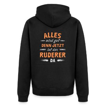 Alles wird gut denn jetzt ist der Ruderer da - Unisex Premium Bio Zip Hoodie - Schwarz - Hinten - Nico (187cm)