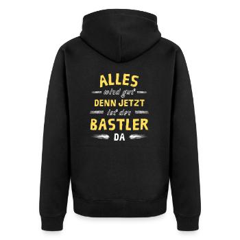 Alles wird gut denn jetzt ist der Bastler da - Unisex Premium Bio Zip Hoodie - Schwarz - Hinten - Nico (187cm)