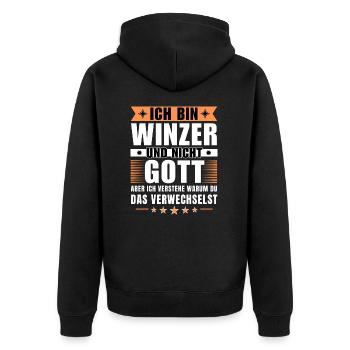Ich bin Winzer und nicht Gott - Unisex Premium Bio Zip Hoodie - Schwarz - Hinten - Nico (187cm)