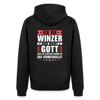 Ich bin Winzer und nicht Gott - Unisex Premium Bio Zip Hoodie - Schwarz - Hinten - Nico (187cm)