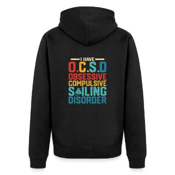 obsessives Segeln - Unisex Premium Bio Zip Hoodie - Schwarz - Hinten - Nico (187cm)