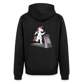 Sportliches Einhorn auf dem Laufband - - Unisex Premium Bio Zip Hoodie - Schwarz - Hinten - Nico (187cm)
