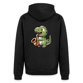 Dino T-Rex Saxofonist Jazzmusik - Unisex Premium Bio Zip Hoodie - Schwarz - Hinten - Nico (187cm)