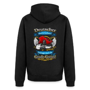 Stolzer Thüringer – Tradition in der Heimat - Unisex Premium Bio Zip Hoodie - Schwarz - Hinten - Nico (187cm)