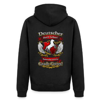 Stolzer Niedersachse – Herkunft und Ehre - Unisex Premium Bio Zip Hoodie - Schwarz - Hinten - Nico (187cm)