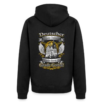 Stolzer Preuße – Heimat und Tradition durch Gott - Unisex Premium Bio Zip Hoodie - Schwarz - Hinten - Nico (187cm)