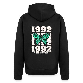 Groovy and Vintage 1992 30 Jahre Jubiläum - Unisex Premium Bio Zip Hoodie - Schwarz - Hinten - Nico (187cm)