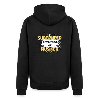 Superheld clever getarnt als Musiker - Unisex Premium Bio Zip Hoodie - Schwarz - Hinten - Nico (187cm)
