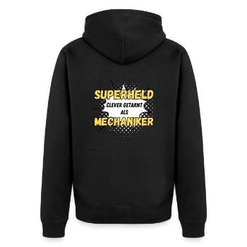 Superheld clever getarnt als Mechaniker - Unisex Premium Bio Zip Hoodie - Schwarz - Hinten - Nico (187cm)