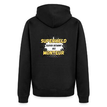 Superheld clever getarnt als Monteur - Unisex Premium Bio Zip Hoodie - Schwarz - Hinten - Nico (187cm)