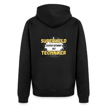 Superheld clever getarnt als Techniker - Unisex Premium Bio Zip Hoodie - Schwarz - Hinten - Nico (187cm)