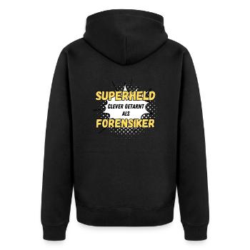 Superheld clever getarnt als Forensiker - Unisex Premium Bio Zip Hoodie - Schwarz - Hinten - Nico (187cm)