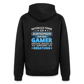 Ich führe Selbstgespräche - Gamer Edition blau - Unisex Premium Bio Zip Hoodie - Schwarz - Hinten - Nico (187cm)