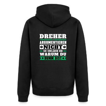 Dreher argumentieren nicht - Unisex Premium Bio Zip Hoodie - Schwarz - Hinten - Nico (187cm)