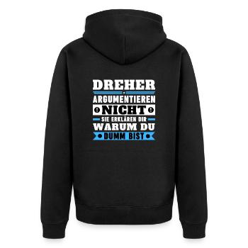Dreher argumentieren nicht - Unisex Premium Bio Zip Hoodie - Schwarz - Hinten - Nico (187cm)
