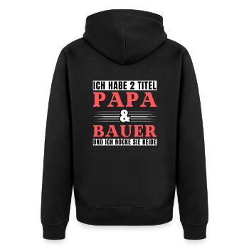 Ich habe 2 Titel Papa und Bauer - Unisex Premium Bio Zip Hoodie - Schwarz - Hinten - Nico (187cm)