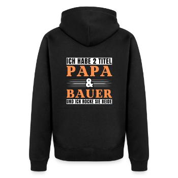 Ich habe 2 Titel Papa und Bauer - Unisex Premium Bio Zip Hoodie - Schwarz - Hinten - Nico (187cm)