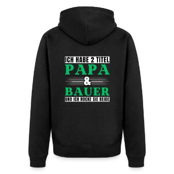 Ich habe 2 Titel Papa und Bauer - Unisex Premium Bio Zip Hoodie - Schwarz - Hinten - Nico (187cm)