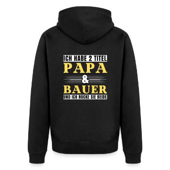 Ich habe 2 Titel Papa und Bauer - Unisex Premium Bio Zip Hoodie - Schwarz - Hinten - Nico (187cm)