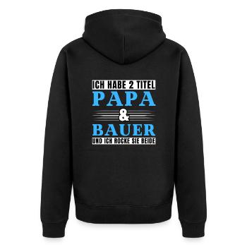 Ich habe 2 Titel Papa und Bauer - Unisex Premium Bio Zip Hoodie - Schwarz - Hinten - Nico (187cm)