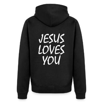 Jesus loves you - Unisex Premium Bio Zip Hoodie - Schwarz - Hinten - Nico (187cm)