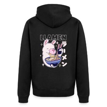 Llamen Kawaii Lama isst Ramen - Unisex Premium Bio Zip Hoodie - Schwarz - Hinten - Nico (187cm)