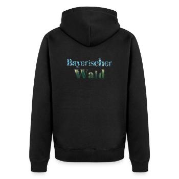 bayerischer Wald Schriftzug blau weiß und Wald - Unisex Premium Bio Zip Hoodie - Schwarz - Hinten - Nico (187cm)