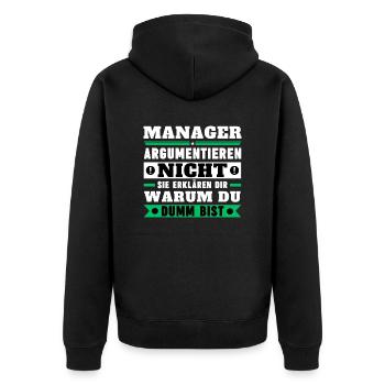 Manager argumentieren nicht - Unisex Premium Bio Zip Hoodie - Schwarz - Hinten - Nico (187cm)