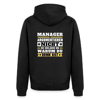 Manager argumentieren nicht - Unisex Premium Bio Zip Hoodie - Schwarz - Hinten - Nico (187cm)