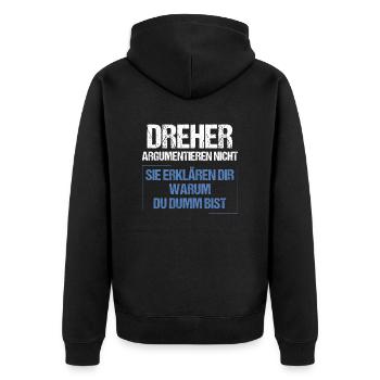 Dreher argumentieren nicht - Unisex Premium Bio Zip Hoodie - Schwarz - Hinten - Nico (187cm)