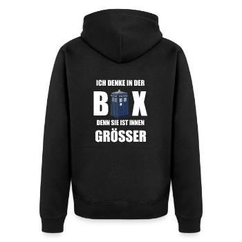 Sie ist innen grösser - Unisex Premium Bio Zip Hoodie - Schwarz - Hinten - Nico (187cm)